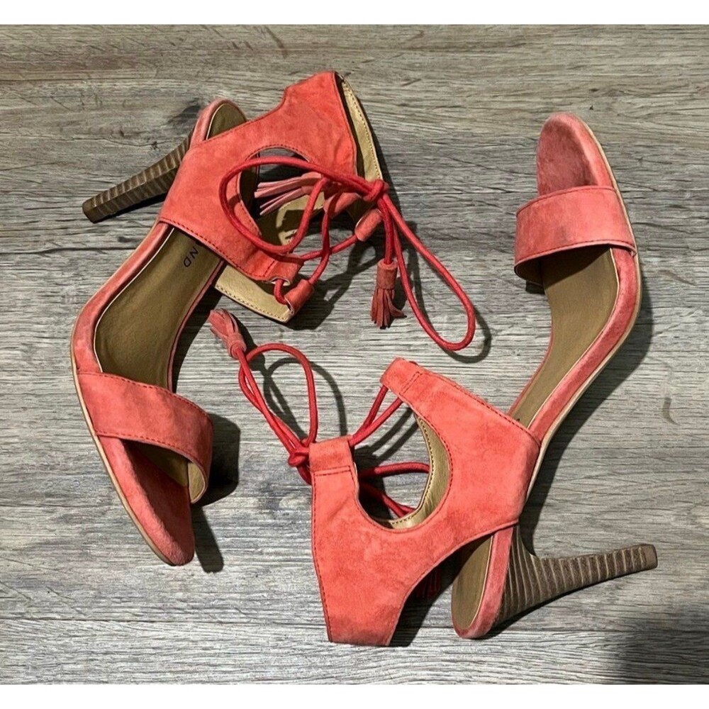 Lucky Brand Uzelia Coral Red Suede Ghillie Lace Up Caged Sandal Heels Size 8 - Picture 3 of 6